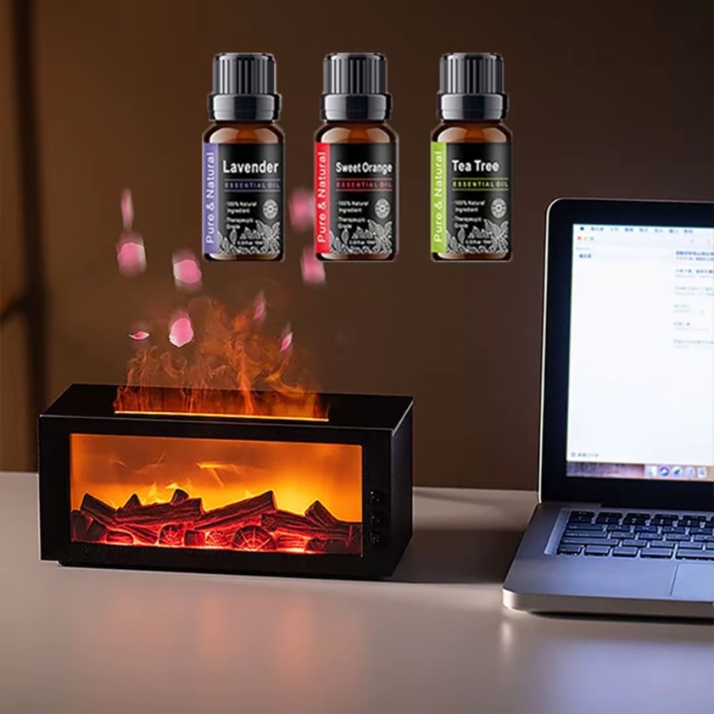 Aromatherapy Essential Oil Set with LED Fireplace Diffuser